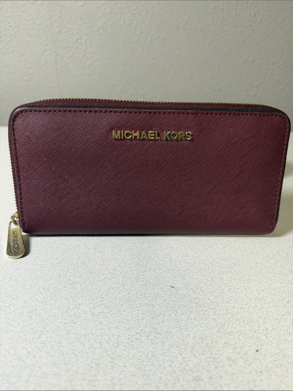 Michael Kors Saffiano Zip Wallet in Burgundy with Gold Hardware